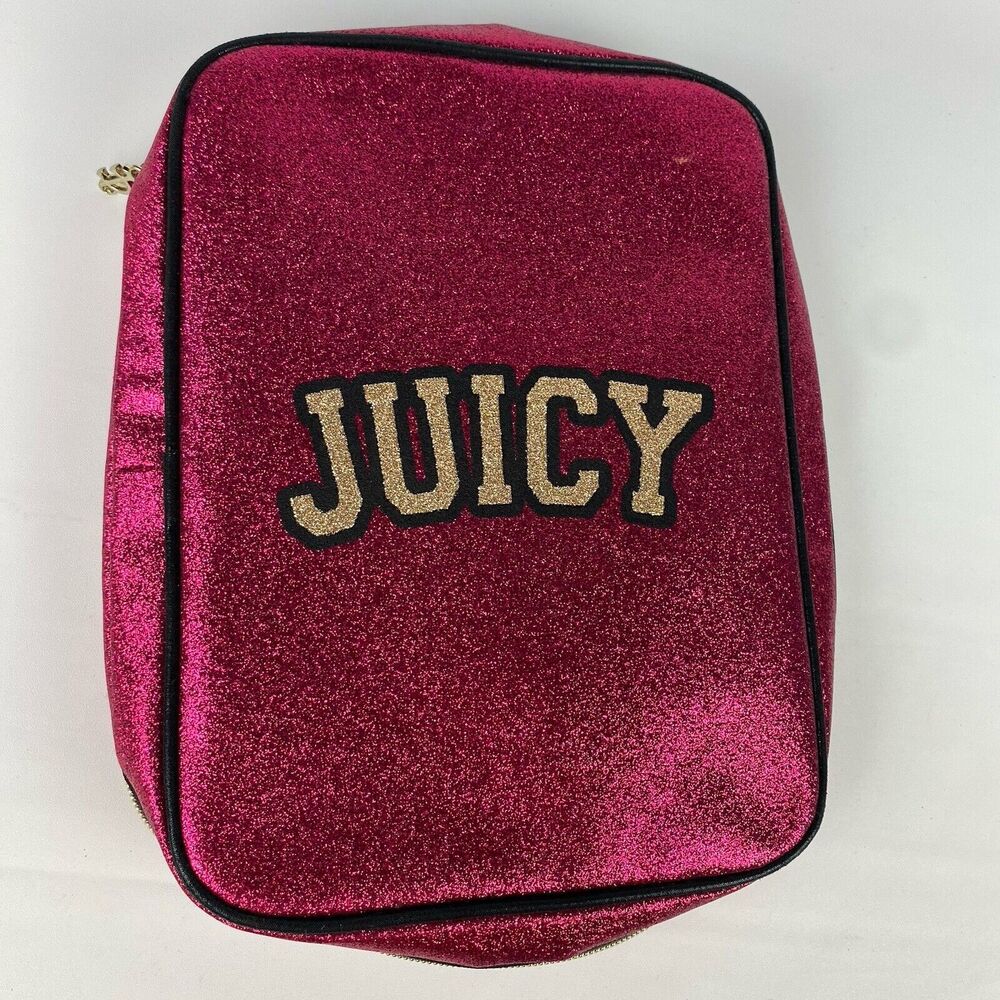 JUICY COUTURE Soft Cosmetic Case Large Zip Around Bag Pockets Raspberry Sparkle